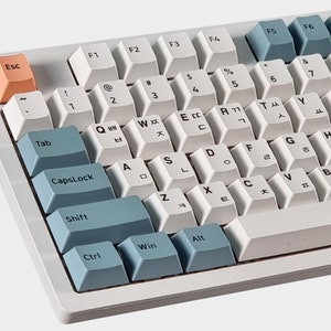 Könnte beinhalten: Eine weiße mechanische Tastatur mit blauen und grauen Tastenkappen. Die Tastatur hat ein Standardlayout mit Funktionstasten, Zahlentasten und Buchstaben. Die Tasten haben koreanische Zeichen darauf gedruckt.