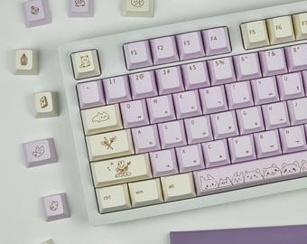 173 Keys Witchy Rabbit Korean Keycap Set, PBT, Cherry, Light Purple and Beige Hangul Keycaps Korean and English, Korean Keyboard