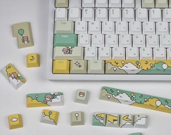 139 Keys Balloon Cat Korean Keycap Set, Cherry, PBT, Cute Dreamy Yellow & Lime Green Hangul Keycaps for Mechanical Keyboard