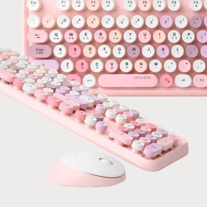 Retro Bluetooth Tastatur & Maus Set, Rosa und Grau Farbe, Folientastatur koreanische und Englisch