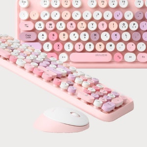 Retro Bluetooth Korean Keyboard & Mouse Set, Pink and Gray Color, Mechanical Keyboard Korean and English