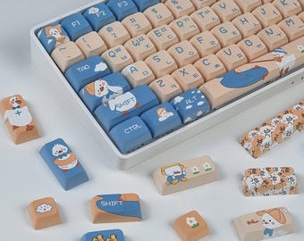 144 Keys Ducky Pop Korean Keycap Set, PBT, XDA Hangul Keycaps in Orange & Blue Contrast for Mechanical Keyboards