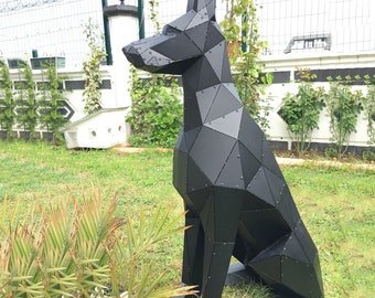 3D metalen zittende Doberman-sculptuur, metalen decor, decoratief metalen Doberman-hondstandbeeld voor thuis, kantoor, tuin, café, dierenwinkel, dierenartscadeau.