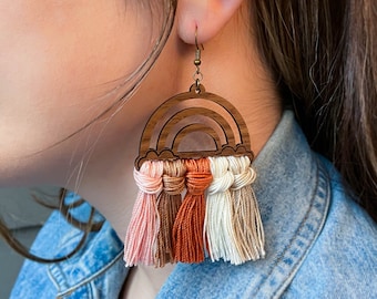 Two-Tone Wooden Macrame Rainbow Earrings I Boho Earrings