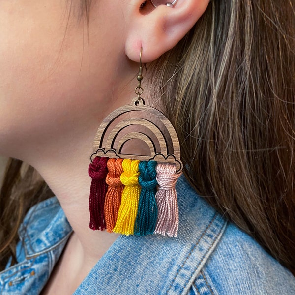 Macrame Rainbow Earring, Wooden Rainbow Earring, Laser Cut Earring, Boho Jewelry For Women, Fringe Earring, Macrame Earring, Gifts For Women