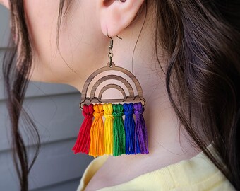 BOHO Tassel Earrings Mother/'s Day Gift Laser Cut Wood Rainbow Custom Rainbow Macrame Earrings Statement Earrings PRIDE Jewelry