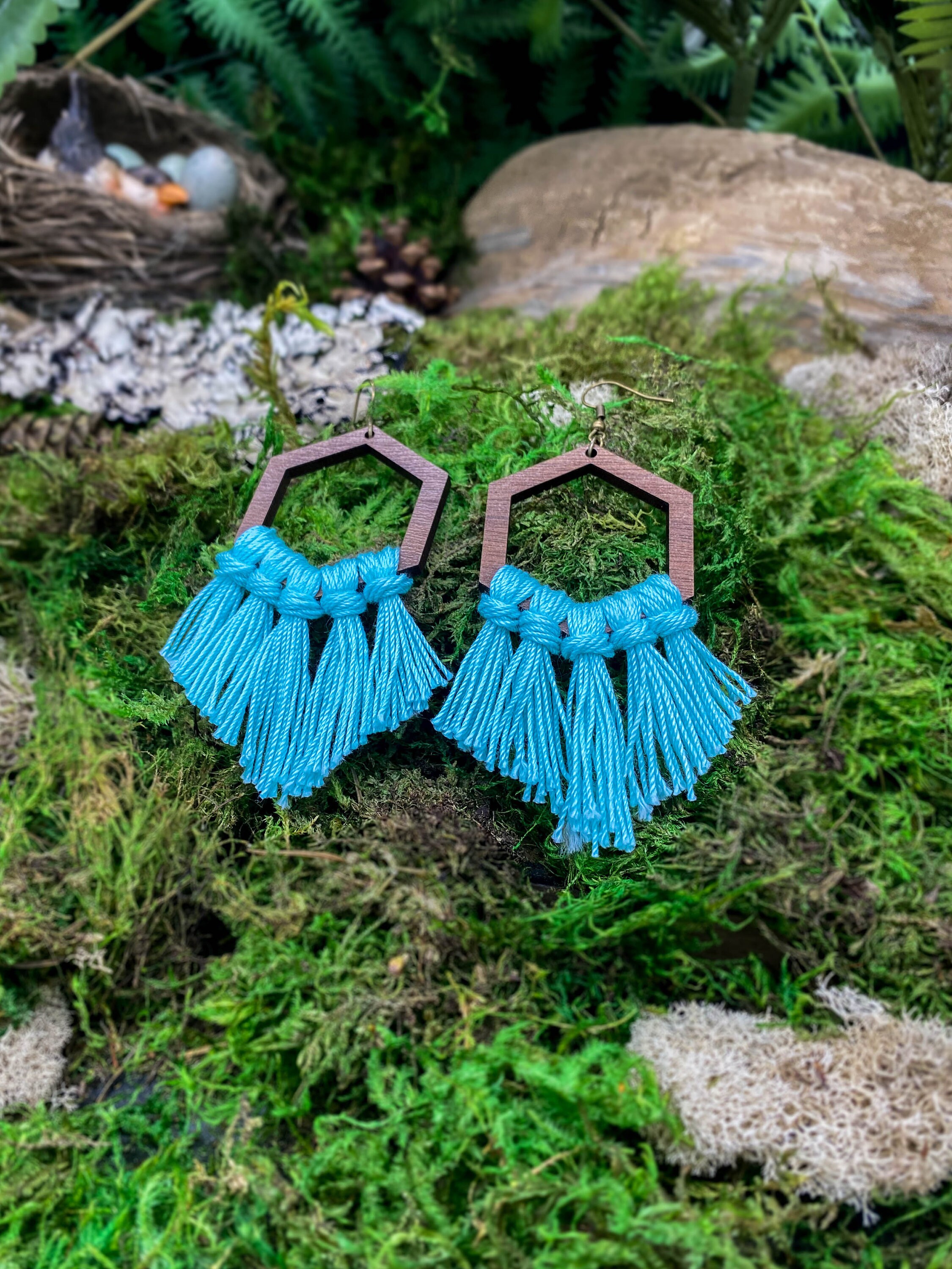 Wooden Hexagon Macrame Earrings Blue Fringe Earring Boho | Etsy