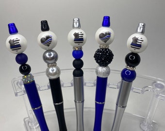 Thin Blue Line Beaded Pen: Police Officer Gift, Refillable Ballpoint