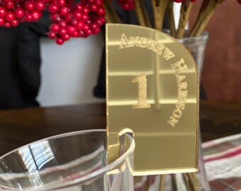 Mirrored Acrylic Drink Tags for wedding, party; laser cut. Assigned Seating, Place Setting