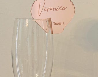 Shell Mirrored Acrylic Drink Tags for wedding, party; laser cut. Assigned Seating, Take a shot