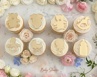 Mirrored Acrylic Cupcake Tags, baby shower, laser cut.