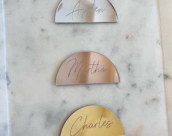 Mirrored Acrylic Tags for wedding, party; laser cut. Seating arrangement. Assigned seats. Place Setting