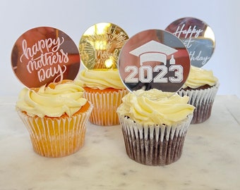 Mirrored Acrylic Cupcake Rounds, Tags, picks for celebration; laser cut.