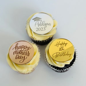 Mirrored Acrylic Cupcake Tags, picks for celebration; laser cut. Business logos