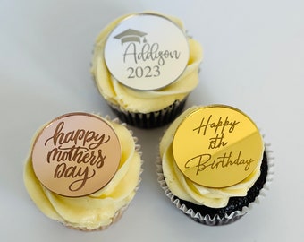 Mirrored Acrylic Cupcake Tags, picks for celebration; laser cut. Business logos