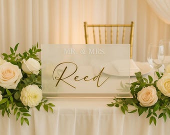 Personalized Mr & Mrs Acrylic Wedding Sign: Gold Script Table Decor