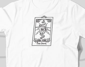 The Devil Tarot Embroidered T-Shirt, Tarot Card Shirt, Mystical Devil Tee, Occult Embroidery, Spiritual Gift, Dark Tarot Apparel