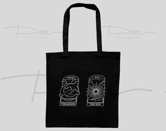 Bolsa de Tarot Sol y Luna, bolsa de compras con dos tarots bordados, bolsa celestial mística, bolsa de algodón orgánico, regalo espiritual de bruja.