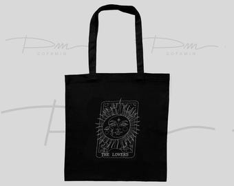 Bolsa de mano bordada con el Tarot de los Enamorados, Bolsa de Tarot Mística, Bolsa Celestial de Algodón Orgánico, Regalo Espiritual de Brujería, Bolsa de Tarot Boho