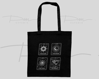 Bolsa de Tarot Sol, Luna y Estrellas, con bordado de cartas de tarot, mística y celestial, de algodón orgánico, ideal como regalo de bruja y espiritual.