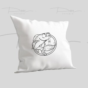 May include: White pillow with a black line drawing of the Pisces zodiac symbol, two fish intertwined in a circle with the astrological symbol for Pisces.