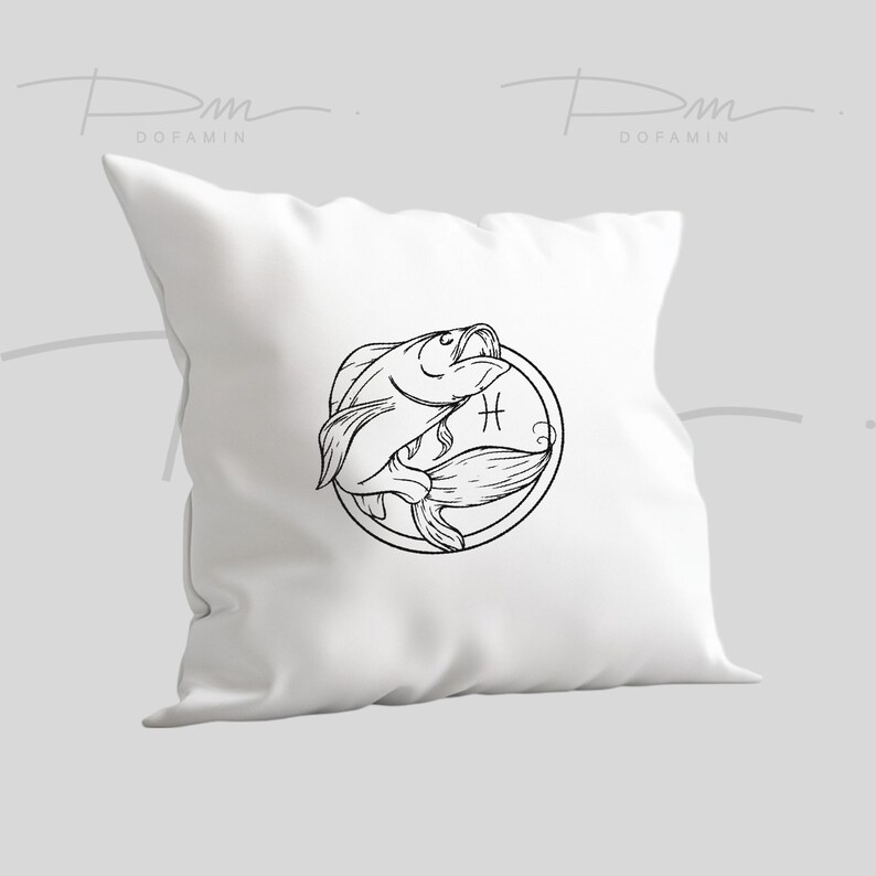 May include: White pillow with a black line drawing of the Pisces zodiac symbol, two fish intertwined in a circle with the astrological symbol for Pisces.