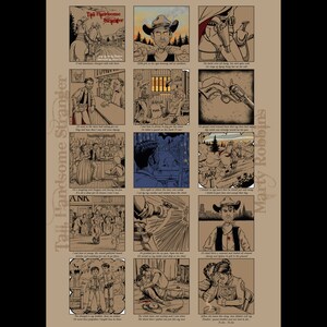 Puede incluir: Una página de cómic con ilustraciones y texto. El cómic se titula "Tall Handsome Stranger" y presenta a un personaje de vaquero. El texto del cómic cuenta la historia de un extraño que llega a la ciudad y se mete en problemas.