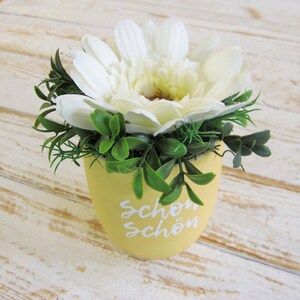 Op de afbeelding: Een kleine, gele keramische pot met de Duitse woorden "Schön Schön" in witte letters. De pot is gevuld met een grote witte bloem en groen blad, tegen een lichte houten achtergrond.