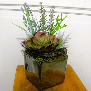 Peut inclure: Un pot carré argenté métallique rempli d'une composition de succulentes. La composition comprend une grande succulente verte et bordeaux, de la lavande et divers feuillages verts et argentés. Le pot est posé sur une surface en bois.
