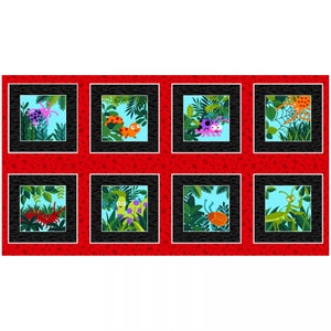 May include: A fabric panel featuring eight square illustrations of cartoon insects in a jungle setting. Each image is framed in black with a zebra-striped border. The background is red with a small, repeating pattern.