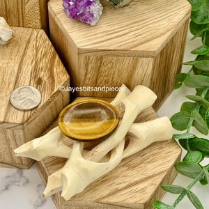 May include: A tiger's eye gemstone sits on a carved wooden stand, displayed on a wooden hexagonal block. A cluster of purple amethyst and a piece of pyrite are also visible. The image includes a US nickel coin and the text "Jayesbitsandpieces".