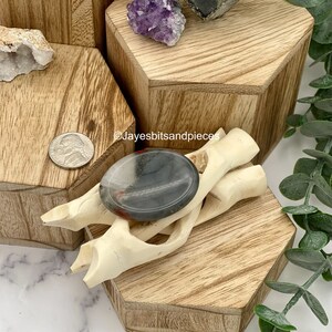 May include: A polished, oval-shaped stone with gray and red hues rests on a carved, off-white wooden accent piece. The stone is displayed on a wooden hexagonal riser, alongside other crystals and a US quarter. The background features additional wooden risers and greenery.