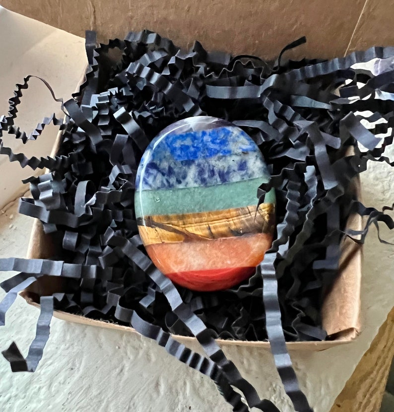 Chakra Infused Thumb Worry Stones Tiger's Eye, African Blood Stone, Anxiety Fidget Stone with Gift Box Package, Great for Gifts Seven Piece Chakra