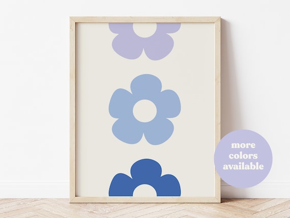 Retro Flower Print, Retro daisy print, Flower Power Poster, 60s flower power art, Aesthetic Room Decor, Blue wall art, Printable Art