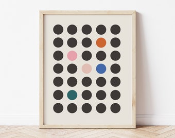 Färgglad minimalistisk väggkonst, prickig konst, Bauhaus-tryck, abstrakt pricktryck, cirkelväggkonst, modern inredning i mitten av århundradet, modernt sovrum