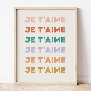 Je t’aime Print, I Love You Wall Art, Pastel Wall Art, Retro 70s Poster, Printable Nursery Wall Art, Français Poster, Digital Download