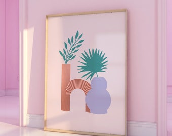 Könnte beinhalten: Ein gerahmter Druck mit einer stilisierten Illustration einer Vase mit einem einzelnen Stiel mit Blättern und einem Palmenblatt. Die Vase ist hellorange mit einer dunkelorangen Umrandung. Die Vase ist mit einem hellvioletten Objekt gefüllt. Der Hintergrund ist weiß.
