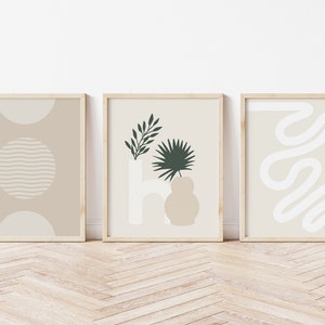Juego de impresiones neutras de 3, Arte de pared beige, Arte de pared estético, Juego de impresión neutro, Impresiones botánicas, Impresión de póster de plantas, Arte de pared de jarrón boho