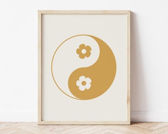 Yin Yang Art, Hippie Art Prints, Mustard Yellow Decor, 60s Poster, Flower Power Poster, Retro Wall Art, Neutral Prints, Digital Download