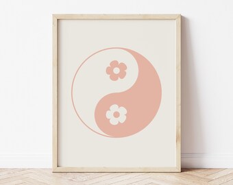 Yin Yang Art, Hippie Art Prints, Blush Pink Wall Art, 60s Poster, Flower Power Poster, Pastel Pink Room Decor, Neutral Prints, Printable