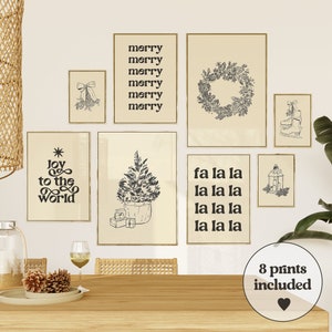 boho christmas decor, neutral christmas decor, vintage christmas prints, christmas gallery wall, classic christmas, retro christmas decor