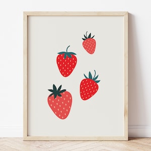 Strawberry Art, Fruit Print, Strawberries Print, Retro Fruit Poster, Summer Print, Cottagecore Decor, Abstract Fruit Print, Kitchen Wall Art