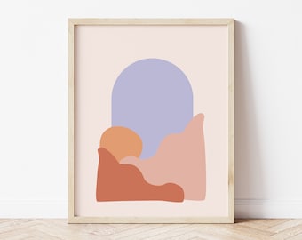 Arte de pared de la puesta del sol abstracto imprimible, arte rosa azulado, impresión del paisaje del desierto, boho arco minimalista, decoración de la pared de los tonos de la tierra, descarga digital