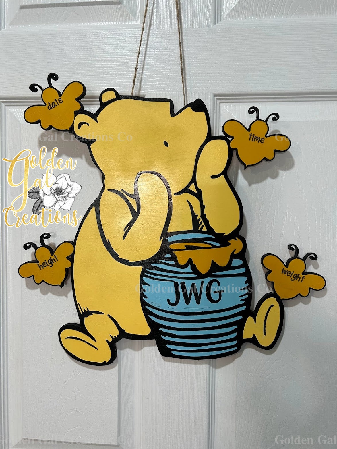 Wooden Baby Birth Announcement Sign - Winnie The Pooh Hunny Pot Design, 6.5\" Newborn Photo Prop, Gender Neutral