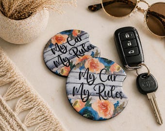 Car Coaster Set Handmade Absorbent Skid Free Accessory Floral Shiplap Design Womens Boho Decor Funny Cute Trendy Gift Orange Peach Blue
