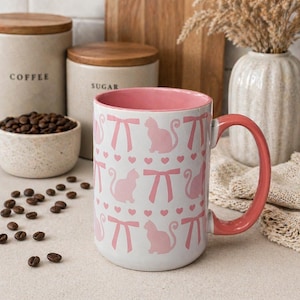 Pink Cat Mug Coffee Lover Tea Cup Cute Cat Mom Gift Girly Ribbon Bow Handmade Ceramic Coffee Cat Lover Birthday Gift Kitchen Cat Enthusiast