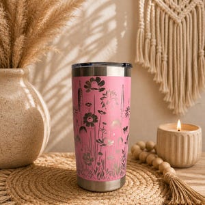 Pink Insulated Tumbler Stainless Steel Construction Engraved Wildflower Design Travel Mug Botanical Drinkware Pattern Plant Enthusiast Gardener Gift Handmade Floral Nature Themed Feminine Girly Meadow Keeps Beverages Hot Cold Double Wall