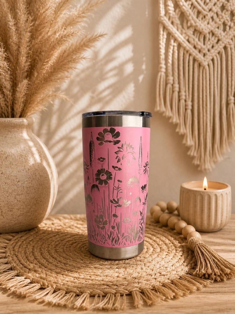 Pink Insulated Tumbler Stainless Steel Construction Engraved Wildflower Design Travel Mug Botanical Drinkware Pattern Plant Enthusiast Gardener Gift Handmade Floral Nature Themed Feminine Girly Meadow Keeps Beverages Hot Cold Double Wall