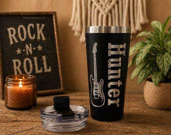 Personalized Guitar Tumbler Cup Gift Idea Musician Travel Mug Custom Engraved Electric Art Design Stainless Steel Music Teacher Appreciation