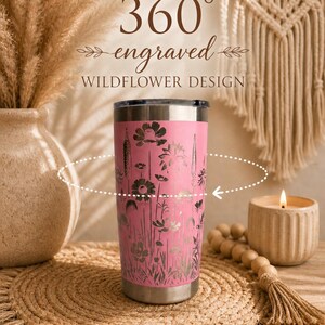 Engraved Wildflower Tumbler Pink Insulated Stainless Steel Travel Mug Botanical Meadow Design Handmade Floral Drinkware Plant Enthusiast Gift Nature Themed Pattern Feminine Girly Style Keeps Beverages Hot Cold Double Wall Vacuum Insulation